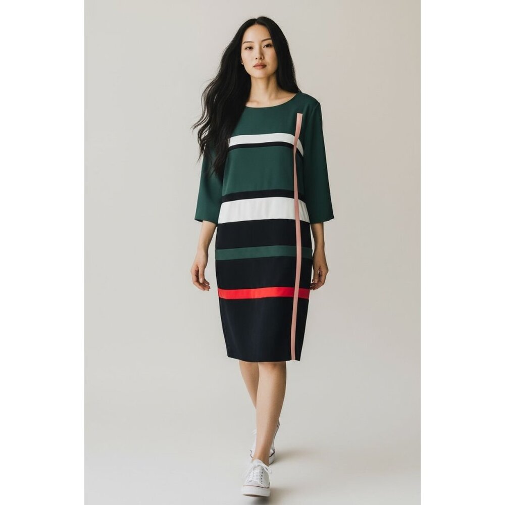 Cop.Copine Paris Ogawa Dress M Green Black Red block Modern Shift 3/4 Sleeve